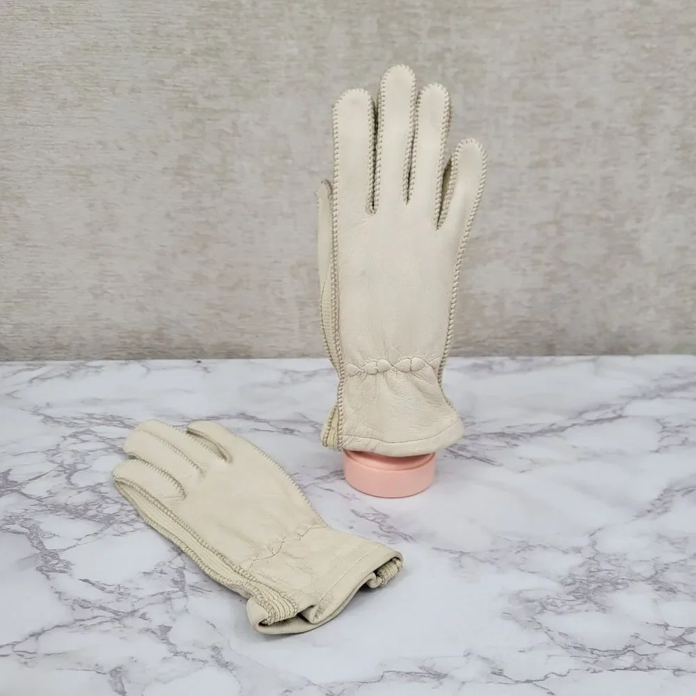 Vintage Deerskin Leather Bone Colored Leather Driving Gloves